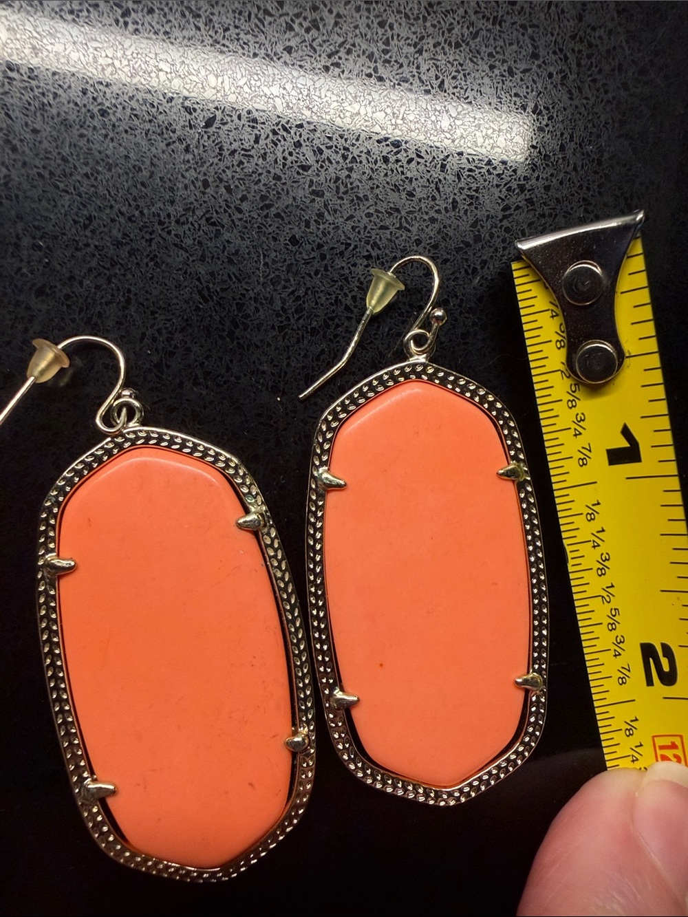 Coral Stone Drop Earrings with Silver Frame - Picture 3 of 3